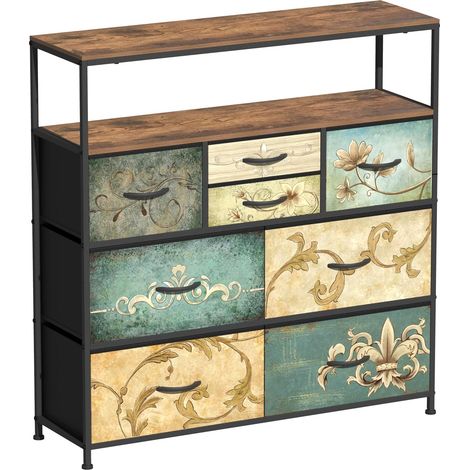Commode avec 8 tiroirs en tissu, table de maquillage de style bohème, meuble TV pour la chambre à coucher, buffet avec plateau en bois, tiroirs en tissu et structure métallique, pour le salon (1/5)