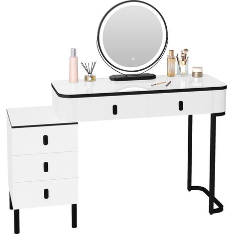 WOLTU Postazione Trucco, Toeletta con con 5 Cassetti, con Luci Dimmerabili, Specchio Ampio, per Camera da Letto, Stile Moderno, Bianco+Nero (1/5)