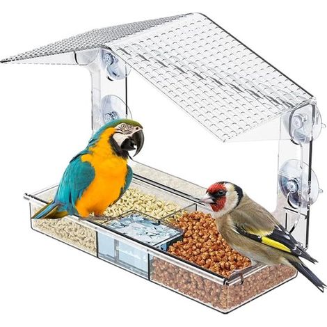 Mangeoire pour oiseaux et colibris, fixation par ventouses, transparente et amovible, pour fenêtre, balcon, jardin et terrasse, 25 x 11,4 x 21 cm (1/5)