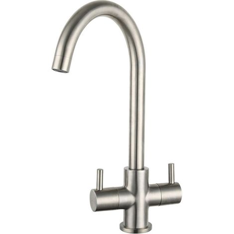 Prima Staten Swan Neck Dual Lever Kitchen Sink Mixer Tap - Brushed Steel (1/2)