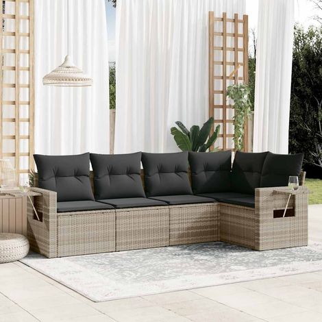Set de sofás jardín y cojines 5 pzas ratán sintético gris claro