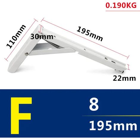 (F-8x2-Blanc-FR) Lot de 2 équerres triangulaires pliables blanches, réglables, à fixation murale, robustes et dotées de roulements à billes, pour étagères, tables et bancs. (1/5)