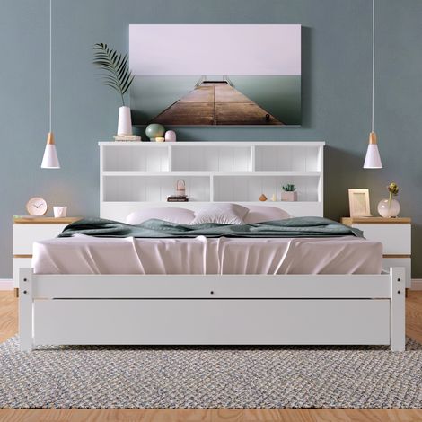 Lit double 140x200 cm en bois massif blanc avec tiroirs – Sommier à lattes robuste – Tête de lit avec bibliothèque – Lit adulte – Hommoo (1/4)