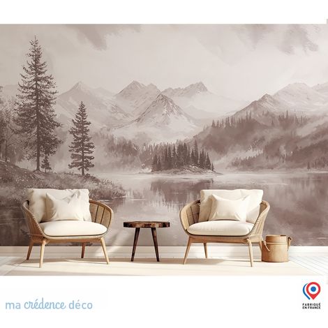 Papier peint : Lac, sapins et montagnes, Aquarelle - Intissé - 400 cm - 280 cm (1/3)