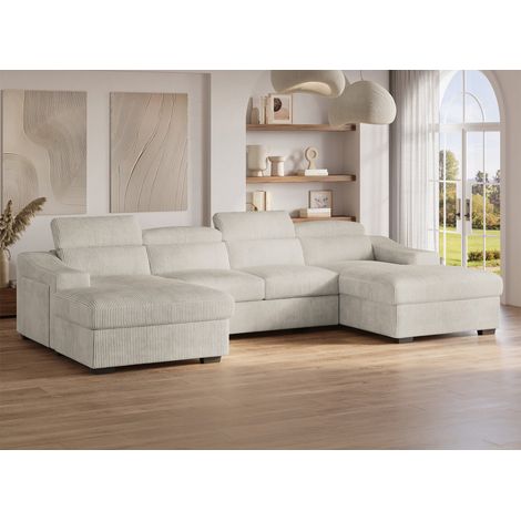 Deco In Paris – Canapé panoramique convertible en U – 2 coffres de rangement – Velours côtelé épais beige – Couchage confortable pour 2 personnes (1/5)
