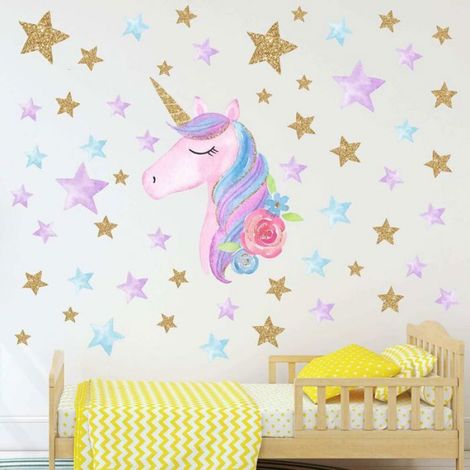 Sticker Mural - Licorne - Rose - Motif Coeur Etoiles - Autocollant Amovible - Pour Chambre Enfant - 1 Pièce (1/4)