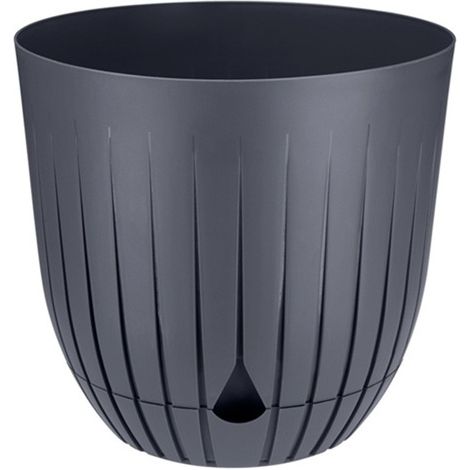 Vaso da fiori in plastica BRITTA con sottovaso misura 1 diametro 13 cm motivo a righe scanalate colore plastica antracite opaco (1/4)