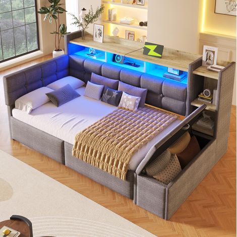 DESVIAE Lit de jour avec 2 tiroirs rangement ports USB et USB C étagère banquette coffre bande LED 90 x 190 cm gris foncé velours (1/5)