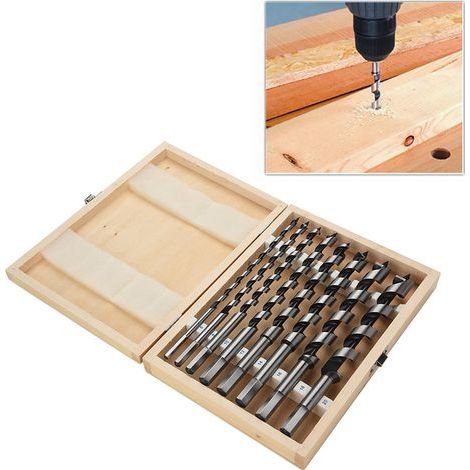 Jeu de forets à tarière en acier au carbone, 8 pièces, caisse en bois, foret à tige hexagonale usiné (1/5)