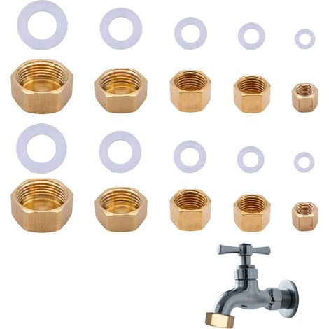 10 x Messing-Schlauchstopfen mit Gewinde – 2 x 1/8", 2 x 1/4", 2 x 3/8", 2 x 1/2", 2 x 3/4 Zoll, Sechskant, mit 10 Dichtscheiben, Abschlussscheibe, Garten (1/5)