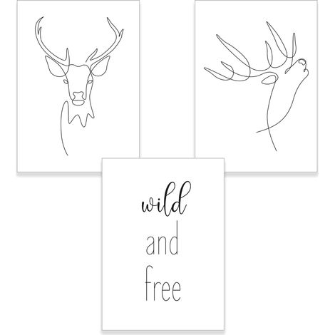 Lot de 3 tableaux muraux Line Art Wild and Free - Tableau moderne noir et blanc pour le salon - Avec inscription en allemand - Décoration murale avec cerf (3 x DIN A4 sans cadre photo) (1/5)