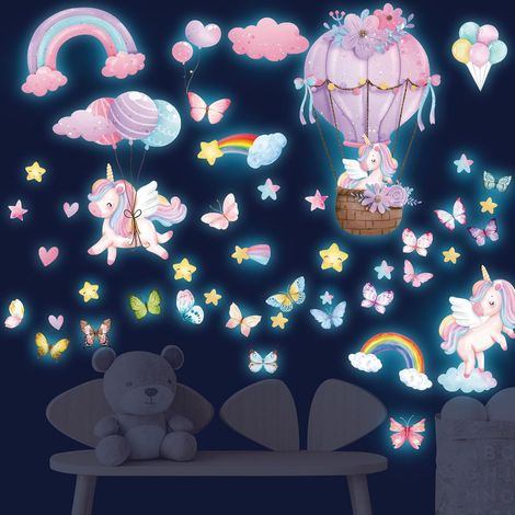 Licorne Étoile Lumineuse Plafond Stickers Muraux Arc en Ciel Licorne Autocollant Mural Papillons Nuage Étoile Décoration Murale Chambre Enfants Bébé Fille Pépinière Salon (1/5)