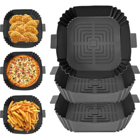 3 Pezzi Molde Silicona Freidora de Aire 19.5x19.5x5 cm, Cuadrado Accesorios,Reutilizable Accesorios Freidora sin Aceite en lugar de Papel de Horno Freidoras de Aire (1/5)