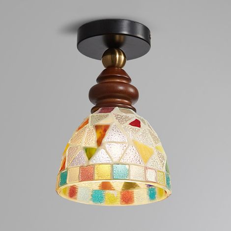 Plafonnier Semi-Encastré en Vitrail Ø18 cm, Luminaire Vintage avec Base en Bois, 3 Températures de Couleur, pour Entrée, Cuisine et Chambre (1/5)
