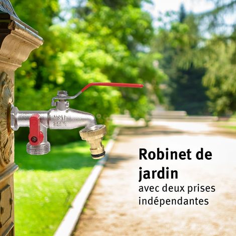 Robinet de Jardin Premium à Double Sortie 1/2" - 3/4" Pinceau, Laiton, Argent (1/4)