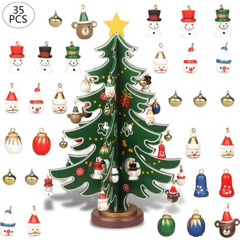 Mini sapin de Noël en bois de table avec 30 mini décorations de Noël et 1 cime d'arbre étoile pour décoration de Noël (1/5)