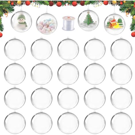 8CM Boules de Noel Transparentes à Remplir, dellyy 20 Pièces Boules Transparentes à Remplir, Boule Noël Transparente à Remplir, Boule de Décoration en Plastique DIY Déco avec 50 Mètres de Corde