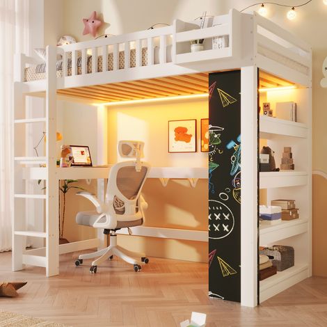 Lit mezzanine 1 place pour enfant 90x200 cm avec tableau noir, bureau, étagère, compartiments de rangement, éclairage LED, blanc (1/5)