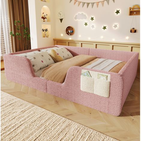 Cama infantil tapizada con barandillas y bolsa rosa OKMYHOME (1/5)