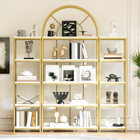 Libreria modulare 163x30x184 cm, composta da 3 elementi in MDF bianco e oro e metallo