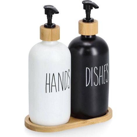 Distributeur de savon et de liquide vaisselle avec sous-verre en bambou, 500 ml, lot de 2 (1/5)