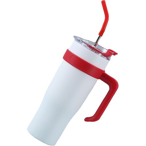 Mug isotherme de voiture en acier inoxydable 1250 ml avec paille, blanc, idéal pour les voyages et les activités de plein air.