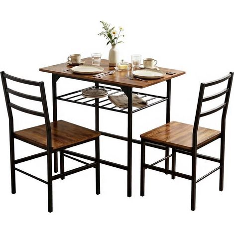 CHICFURN Conjunto de comedor compacto de mesa y 2 sillas para espacios pequeños, estilo industrial en marrón rústico y negro, con estante inferior y fácil montaje (1/5)