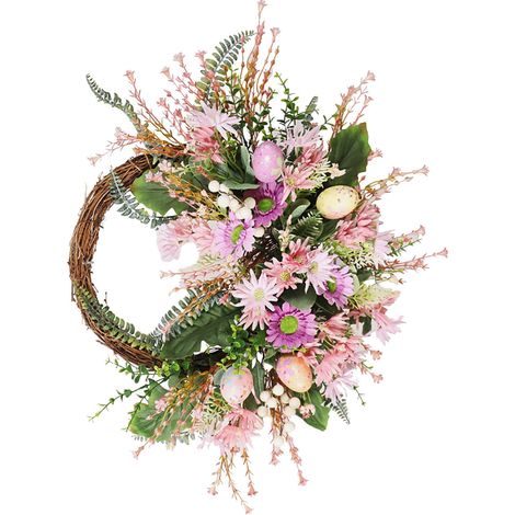 Guirlande De Pâques - 50 Cm - Base En Rotin Naturel Avec Fleurs Artificielles Et Œufs De Pâques - Pour Porte Fenêtre Mur Extérieur Intérieur - 1 Pièce (1/5)