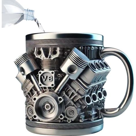 Chope moteur V8 V6 inox bière rigolote fan auto garage atelier café thé cadeau amateur voiture (1/5)