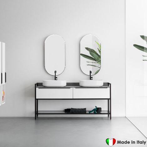 Mobile Bagno COMPAB da 175 cm - Made in Italy Doppio Lavabo - Colore Bianco Opaco + Nero - Lavabo In Ceramica (1/5)