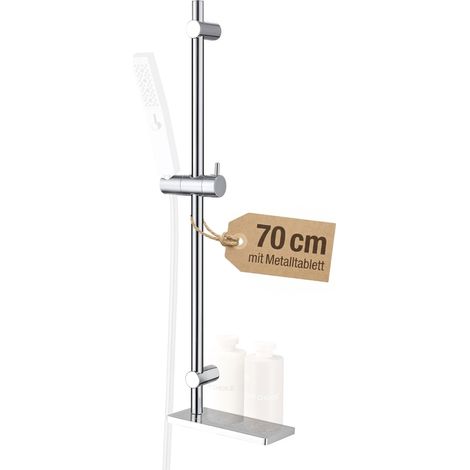 Tringle de douche en métal chromé 70 cm - Patins réglables en hauteur et en inclinaison - Avec étagère en acier inoxydable - Montage mural (couverture possible des trous existants) (1/5)