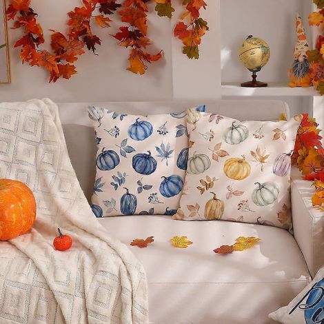 EternaNest Housses de coussin d'automne 45 x 45 cm, lot de 2, motif citrouille bleue et feuilles d'érable, décoration d'extérieur pour Thanksgiving. (1/4)