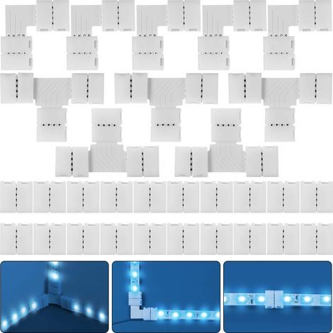 30 Pièces Kit de Connecteur de Bande LED RGB Complet, 4 Broches 10 mm Extension d'Adaptateur sans Soudure Compatible avec Bande LED SMD 5050, 20 Connecteurs Gapless, 5 L Connecteurs 5 T Connecteurs (1/5)