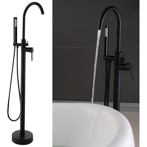 Miscelatore per vasca da bagno nero a cascata rubinetto autoportante con rubinetto a pavimento, doccetta opaca con due piedi da terra, set doccia autoportante