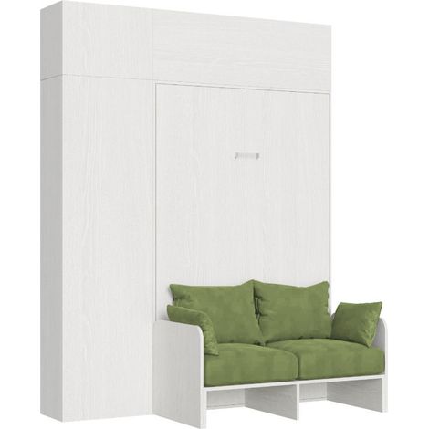 Letto Una Piazza E Mezzo A Scomparsa 120 Kentaro Con Divano E Mobili Bianco Frassino e Verde