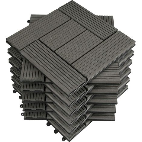 WOLTU 11 Stück WPC Terrassenfliesen Holzoptik, Fliese klicksystem Terrassendielen Bodenfliese Klickfliese Bodenbelag (1 m²) Grau