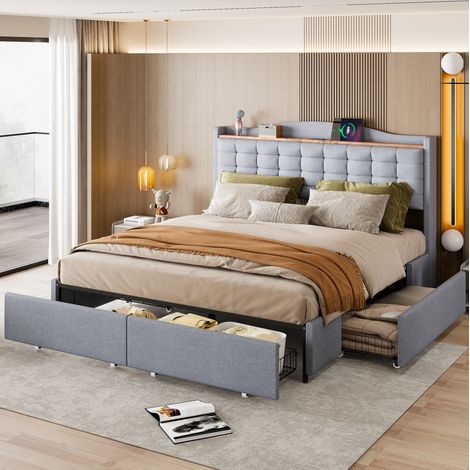 Bett Doppelbett Stauraum 160x200 USB Grau OKMYHOME (1/5)