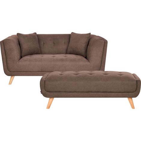 Sofá 2 plazas de tela con otomana cojines decorativos patas de madera capitoné estilo retro marrón oscuro Habo