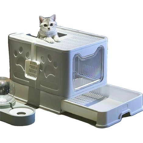 Bac à Litière pour Chat, Design Semi-Enfermé, Système de Tiroir Facile à Nettoyer, GRIS (1/2)