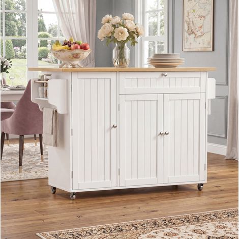 REDOM - Îlot de cuisine - 120x45(70)x92 cm - plateau rabattable - tiroir et placard - 3 rangements de porte - MDF - naturel et blanc (1/5)
