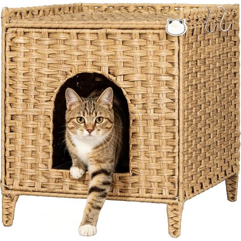 Meuble Litière Chat en Rotin Tissé à la Main, 48x53x56cm, Naturel Maison pour Chat avec Tapis et Clôture, Meuble de Litière Caché avec 2 Crochets en S, Convient pour le Salon (1/5)