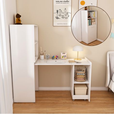 Bureau extensible avec meuble de rangement, plateau coulissant, 55 x 136 cm, MDF, blanc DESVIAE (1/5)