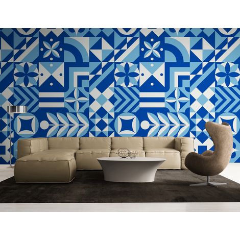 Papier Peint Géométrique - Motifs Bleus Dynamiques - 150 x 250 cm (1/2)