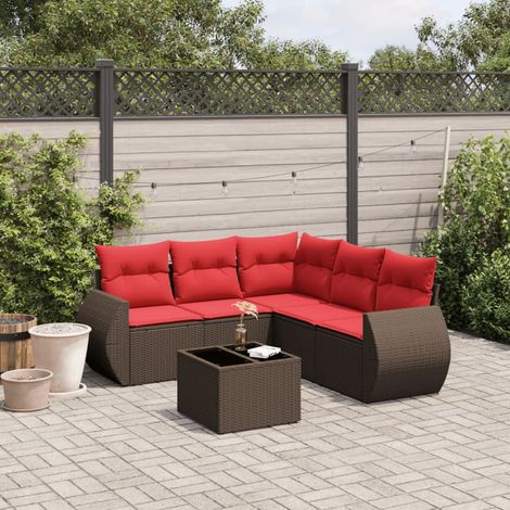 Salon de jardin 6 pièces en rotin PE marron avec coussins rouges et table en verre - PANGIVO (1/5)
