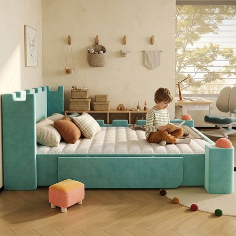 Lit enfant double 140x200 velours style château - tiroir rangement et tablette rabattable - bords anti-choc - bleu-vert (1/5)