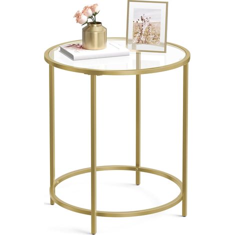 Table d’Appoint Ronde, Dessus en Verre Trempé, Cadre en Métal, Bout de Canapé, Table Console, Table de Chevet, pour Salon, Balcon, Doré et Transparent LGT20G (1/5)