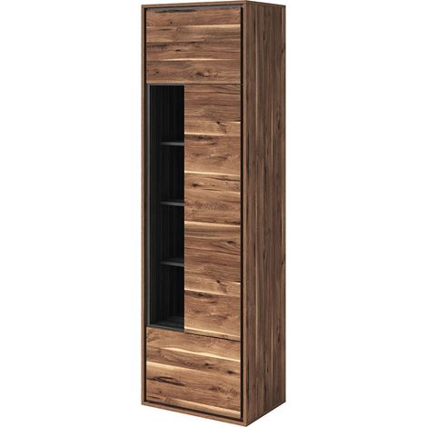 Hohe Design-Vitrine mit 1 Tür, 1 Schublade und 4 offenen Fächern, Kollektion SILVA, Farbe Eiche und Grau