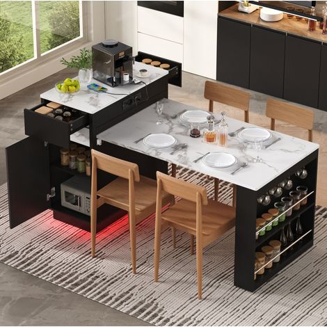 Table extensible de cuisine avec roulettes, LED, prises et crochets, noire DESVIAE (1/5)
