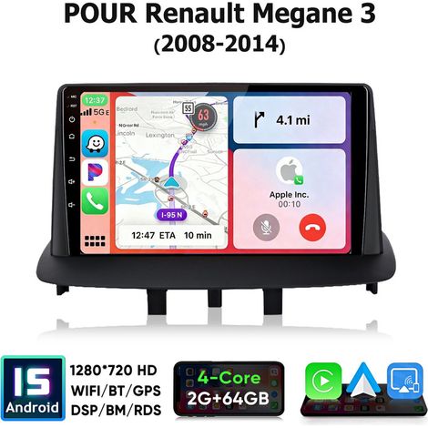 9 pouces Carplay 4 cœurs Autoradio pour Renault Megane 3(2008-2014) 64GB JUNSUN