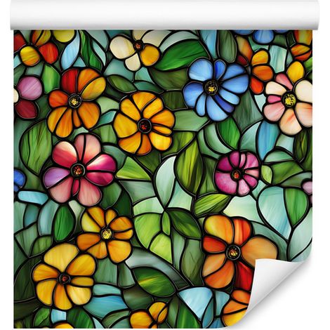 Papier peint à motifs de fleurs en vitrail, vert bouteille et vert, 50 x 1000 cm (1/5)